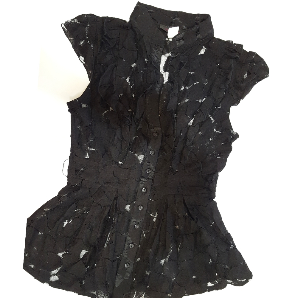 90's-Y2K💋Seductions🖤Black Floral Sheer Ruffle Frill Peplum Top - Picture 7 of 9